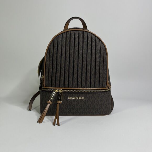 Michael Kors Rhea Medium Pleated Logo Backpack Brown Acorn NWT - Picture 1 of 16